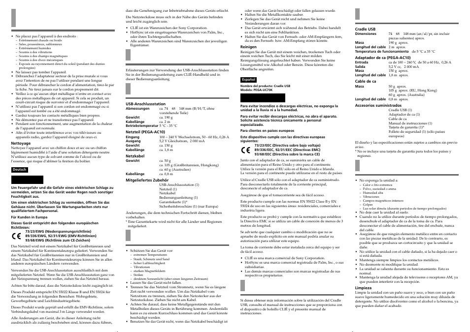 Remarques concernant l’utilisation, Vorbereitungen, Technische daten | Hinweise zur verwendung, Antes de su utilización, Especificaciones, Notas sobre el uso, Advertencia, Achtung | Sony PEGA-UC70K User Manual | Page 2 / 2