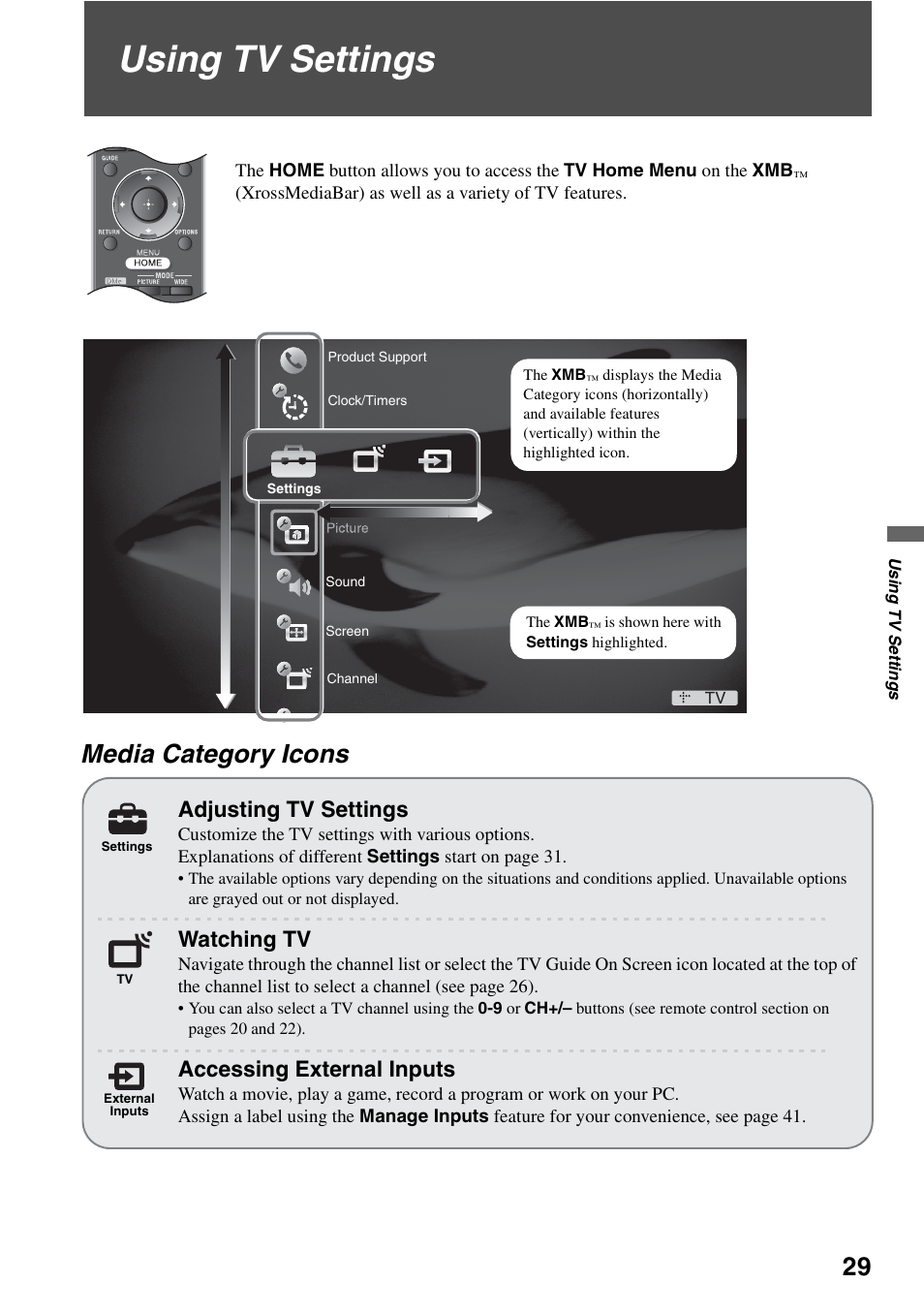 Using tv settings, Media category icons, And 29 | Adjusting tv settings, Watching tv, Accessing external inputs | Sony KDL-32VL140 User Manual | Page 29 / 48