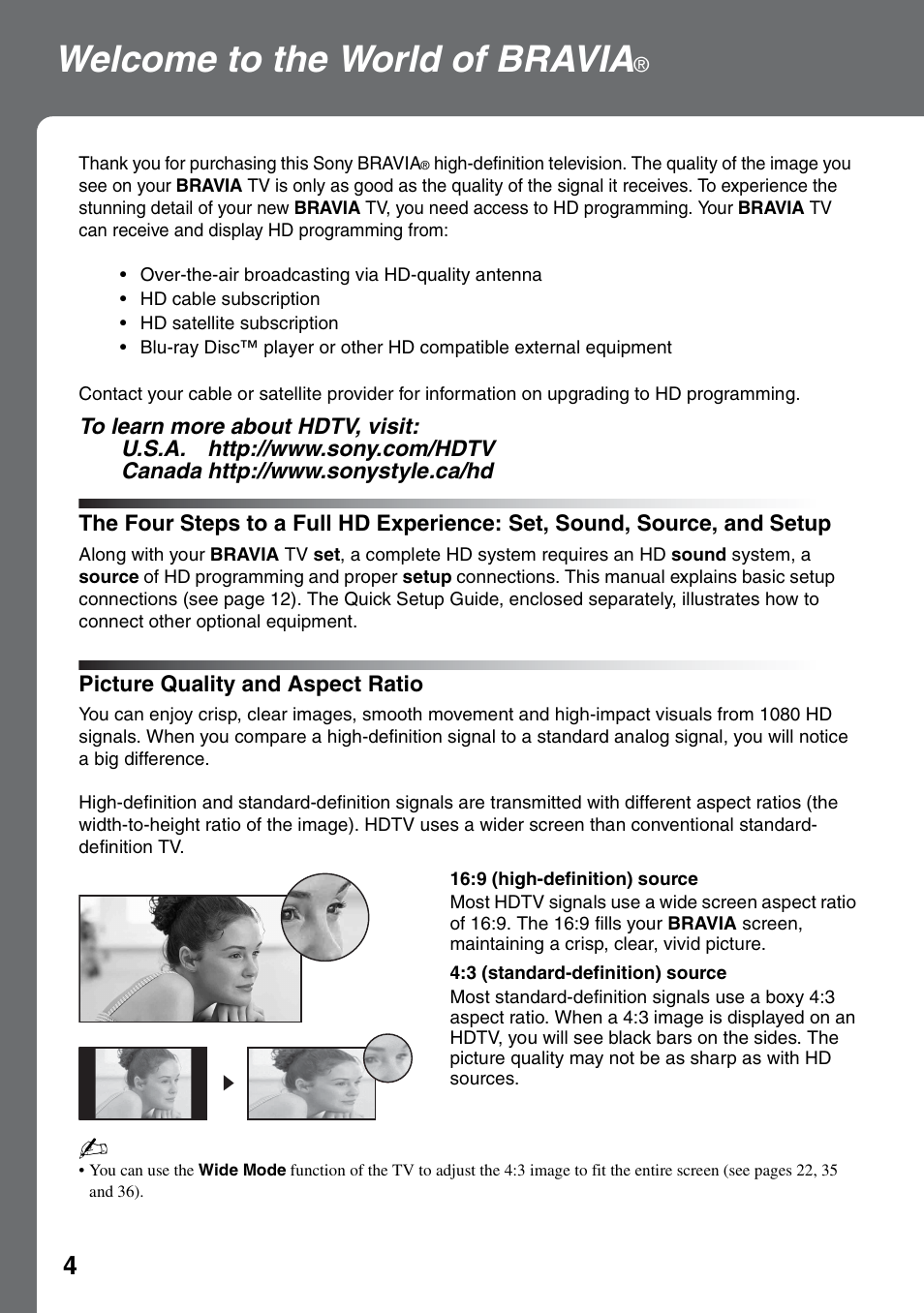 Welcome to the world of bravia, Picture quality and aspect ratio, The four steps to a full hd experience | Set, sound, source, and setup | Sony KDL-32VL140 User Manual | Page 4 / 48
