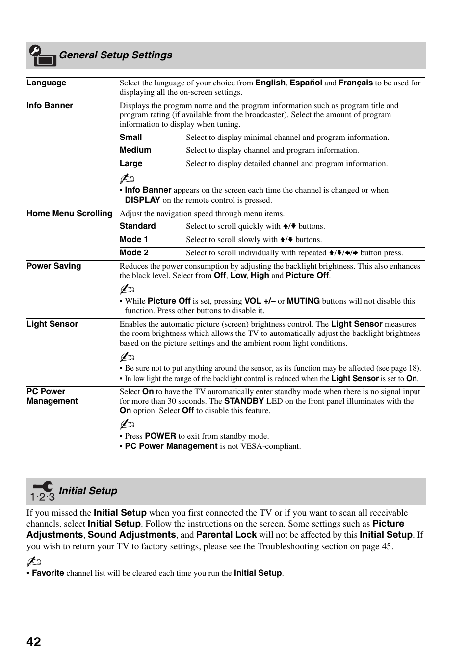 General setup settings, Initial setup, General setup settings initial setup | Sony KDL-32VL140 User Manual | Page 42 / 48