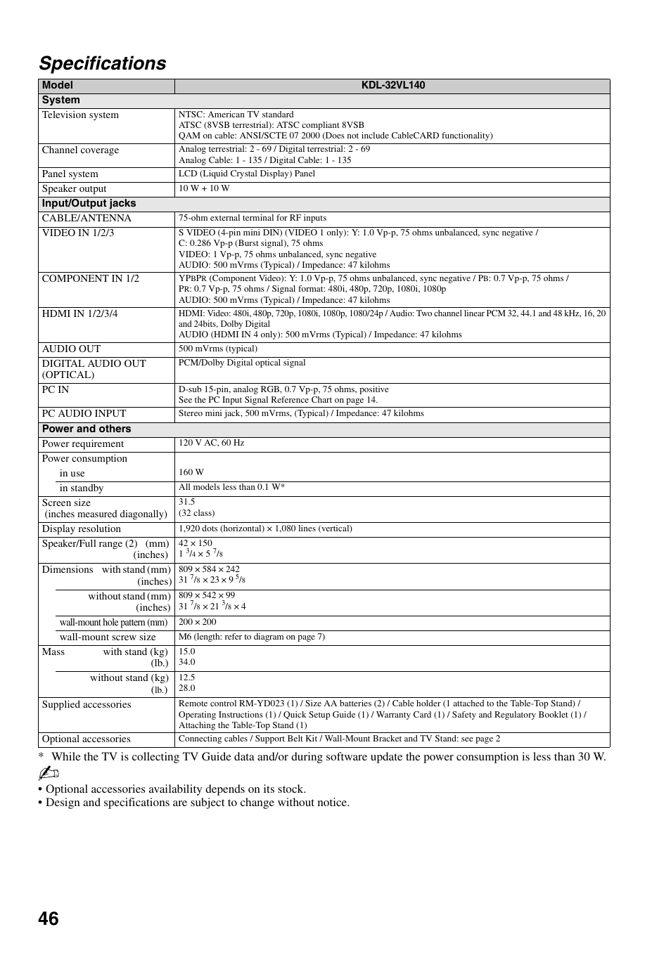 Specifications, 46 specifications | Sony KDL-32VL140 User Manual | Page 46 / 48