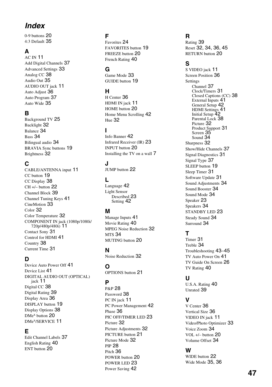 Index, 47 index | Sony KDL-32VL140 User Manual | Page 47 / 48