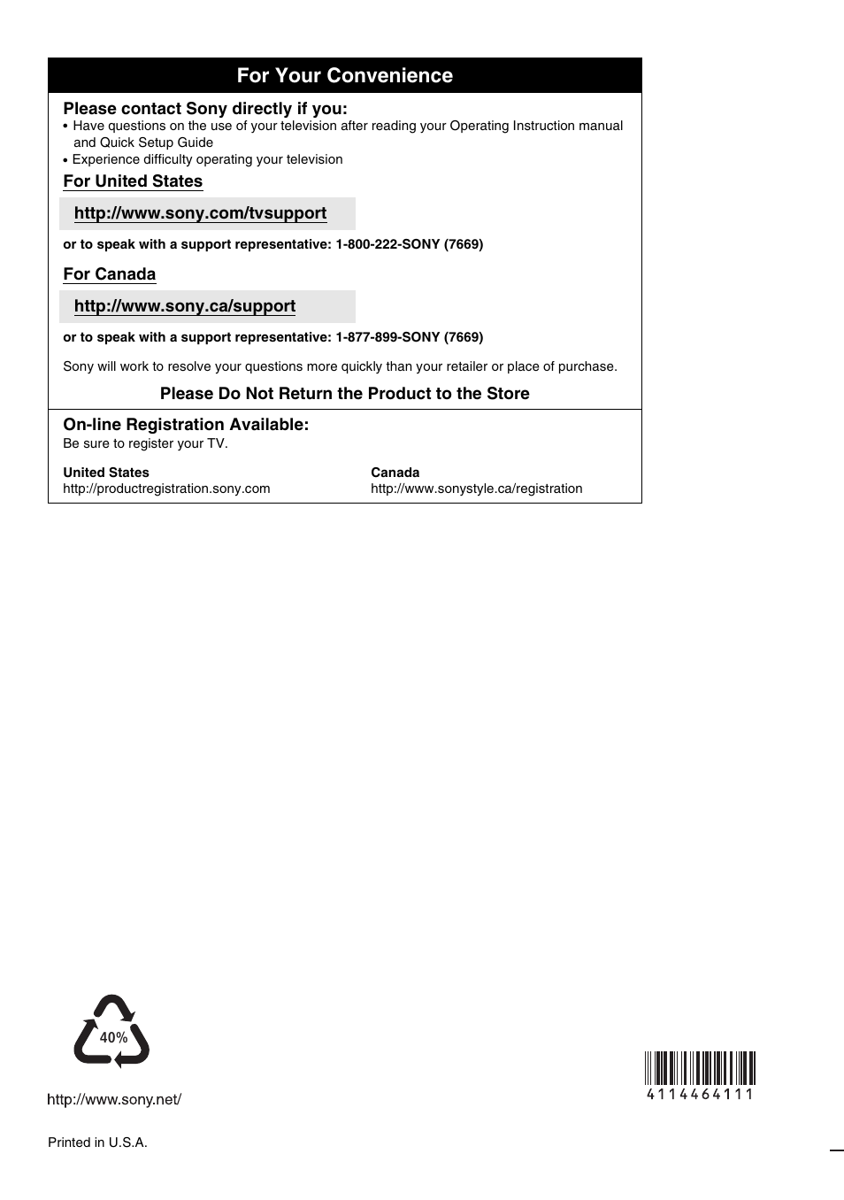 For your convenience | Sony KDL-32VL140 User Manual | Page 48 / 48