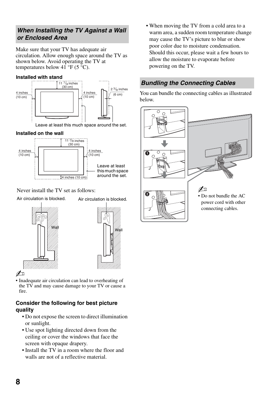Bundling the connecting cables, When installing the tv against a wall or, Enclosed area | Never install the tv set as follows | Sony KDL-32VL140 User Manual | Page 8 / 48