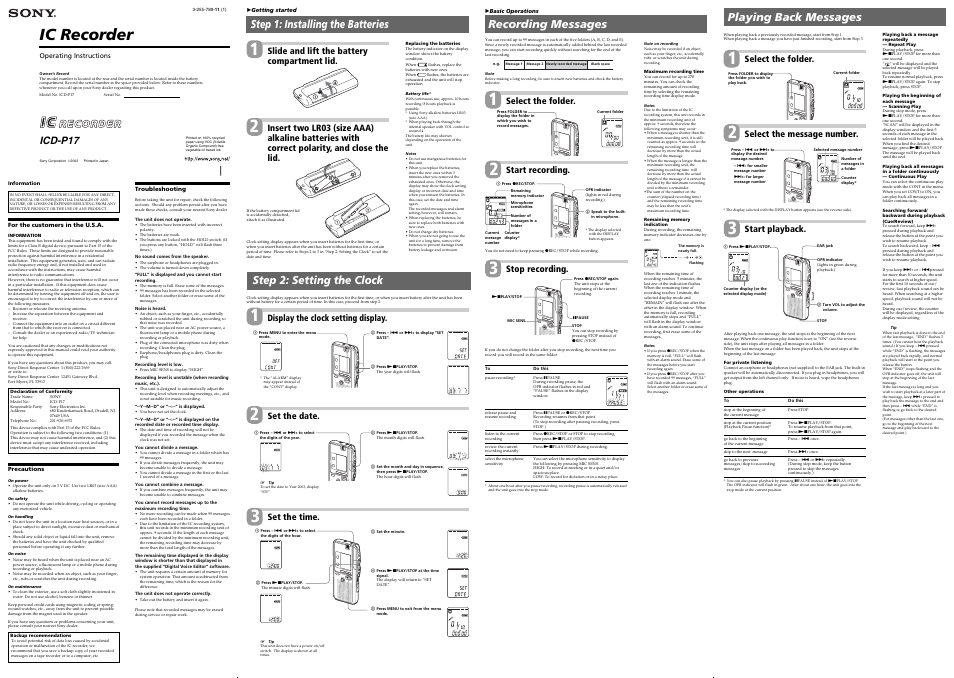 Sony ICD-P17 User Manual | 2 pages