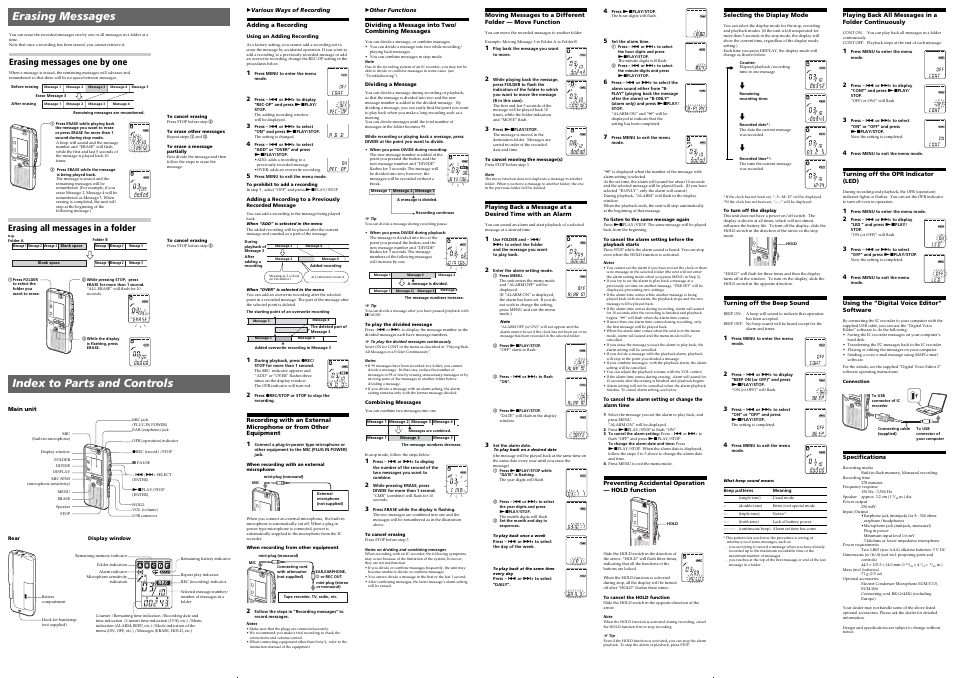 Erasing messages, Index to parts and controls, Erasing messages one by one | Erasing all messages in a folder | Sony ICD-P17 User Manual | Page 2 / 2