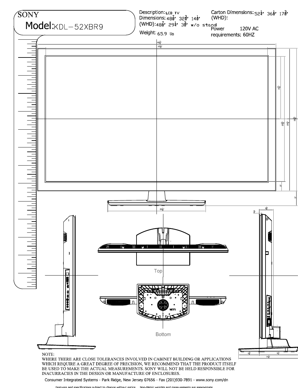 Sony KDL-52XBR9 User Manual | 3 pages