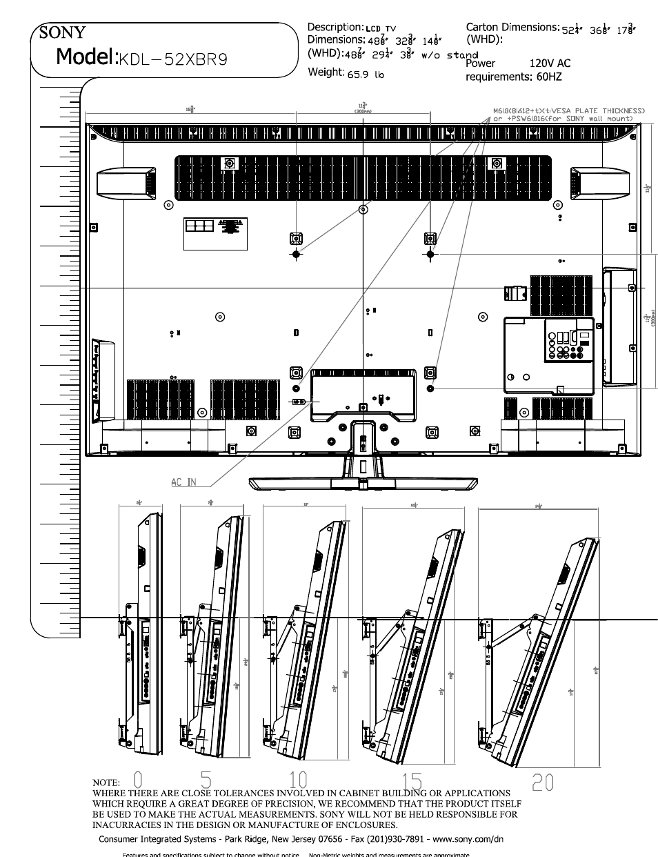 Model, Dl-52xbr9 | Sony KDL-52XBR9 User Manual | Page 2 / 3