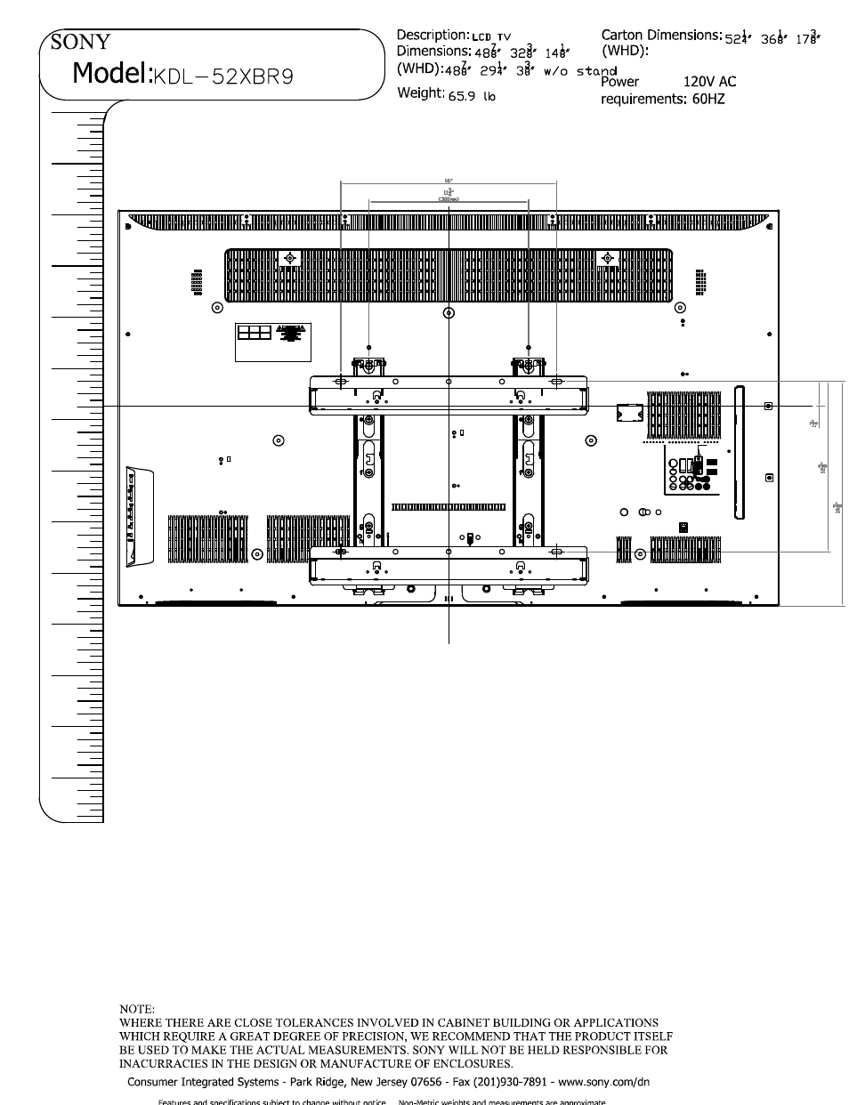 Model, Dl-52xbr9 | Sony KDL-52XBR9 User Manual | Page 3 / 3