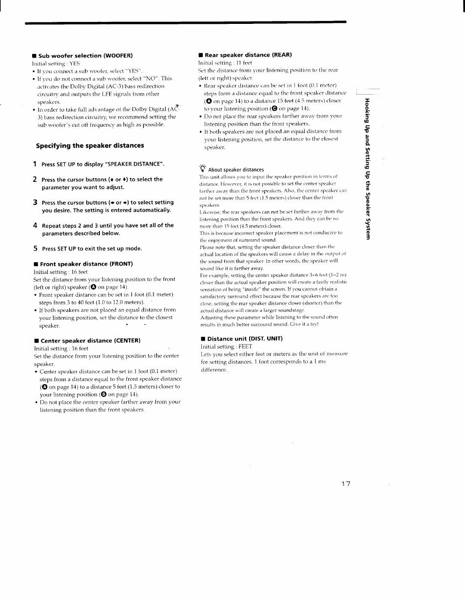 Sub woofer selection (woofer), 1 press set up to display "speaker distance, 5 press set up to exit the set up mode | Front speaker distance (front), Center speaker distance (center), Rear speaker distance (rear), Distance unit (dist. unit) | Sony STR-DA30ES User Manual | Page 17 / 51