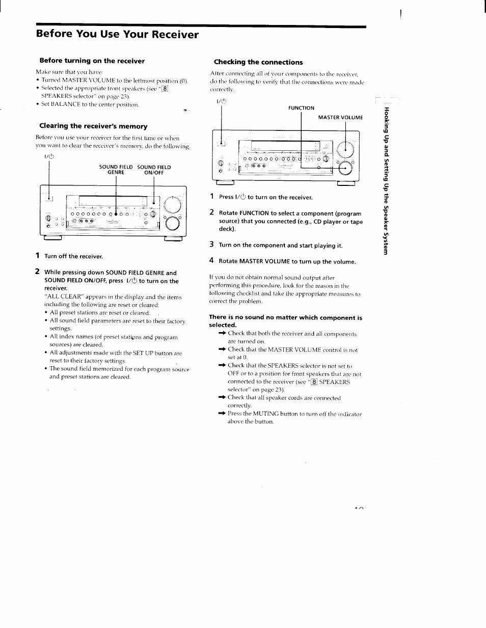 Before turning on the receiver, Clearing the receiver's memory, 1 turn off the receiver | 2 while pressing down sound field genre and, Sound field on/off, press l/c!) to turn on the, Receiver, Checking the connections, 1 press l/c!) to turn on the receiver, 3 turn on the component and start playing it, 4 rotate master volume to turn up the volume | Sony STR-DA30ES User Manual | Page 19 / 51