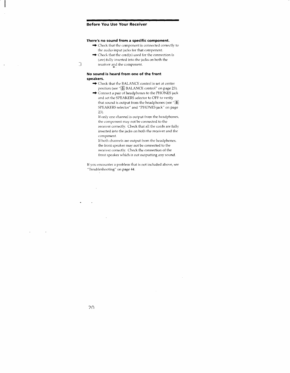 Before you use your receiver, There's no sound from a specific component, No sound is heard from one of the front speakers | Sony STR-DA30ES User Manual | Page 20 / 51