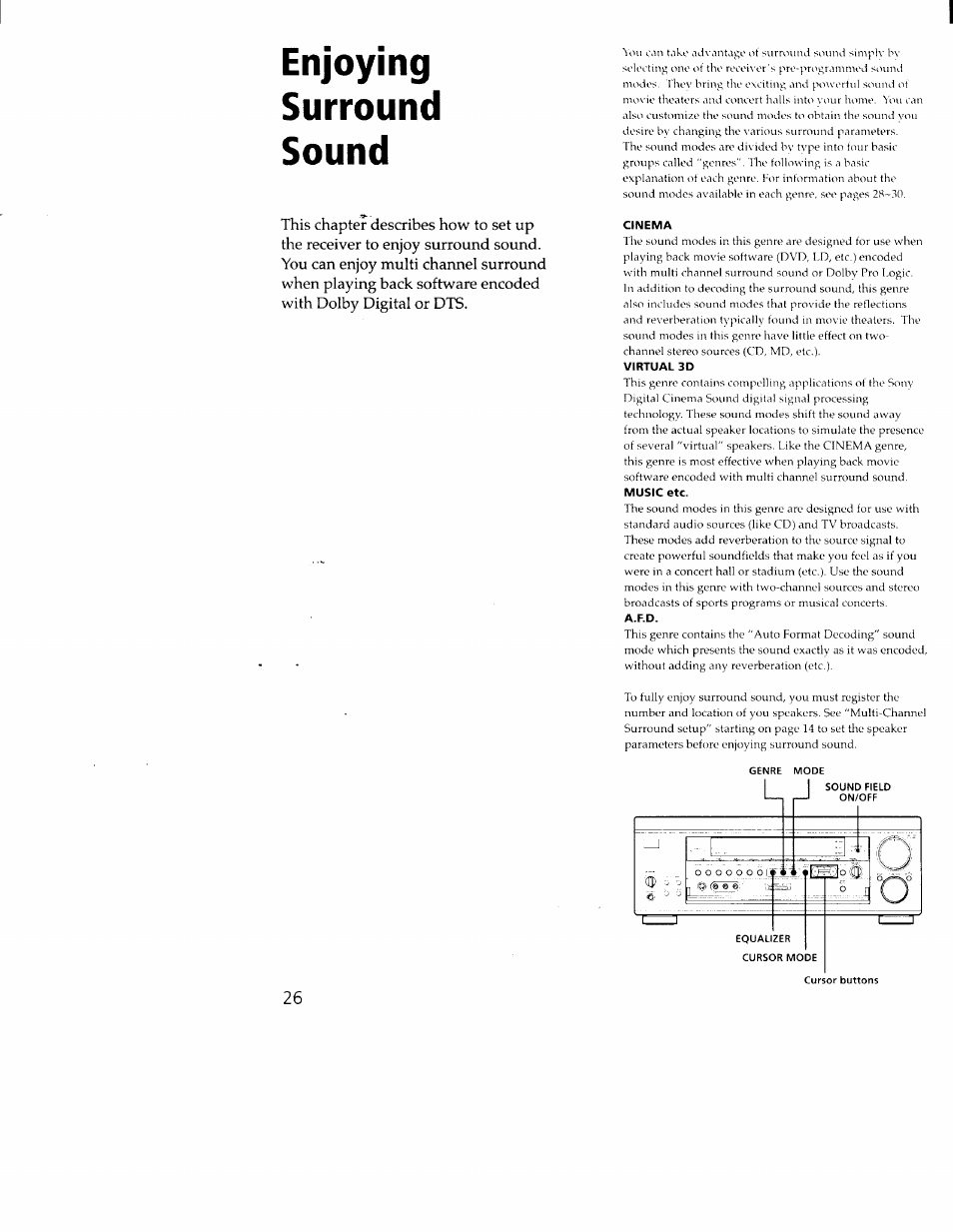 Cinema, Virtual 3d, A.f.d | Enjoying surround sound | Sony STR-DA30ES User Manual | Page 26 / 51