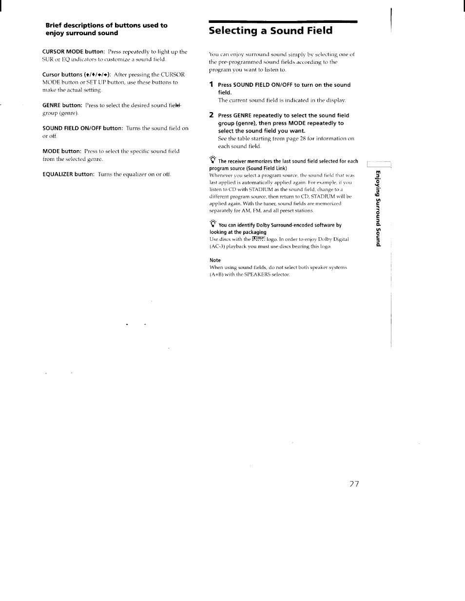 Selecting a sound field | Sony STR-DA30ES User Manual | Page 27 / 51