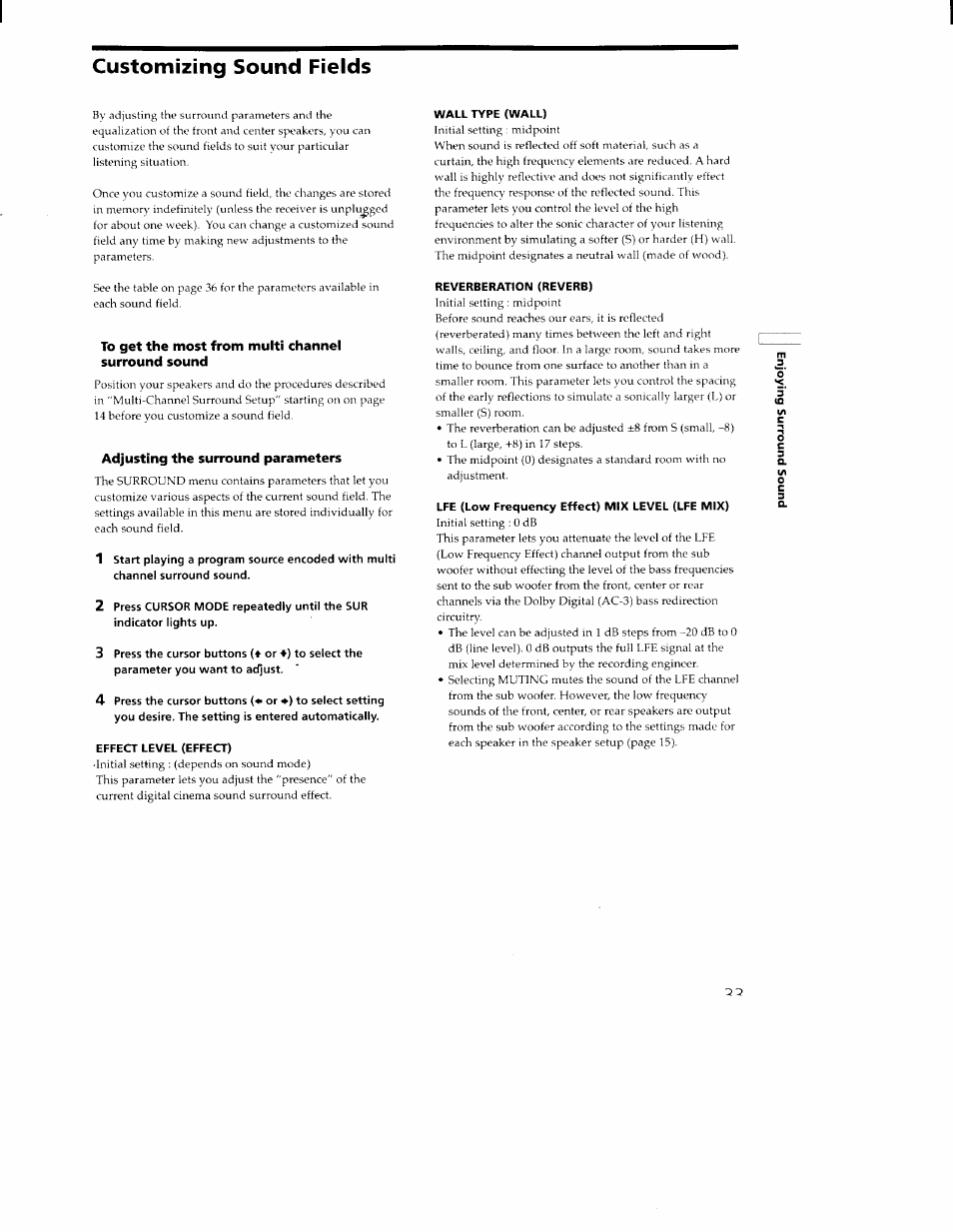 Customizing sound fields, Wall type (wall), Effect level (effect) | Reverberation (reverb), Lfe (low frequency effect) mix level (lfe mix) | Sony STR-DA30ES User Manual | Page 33 / 51