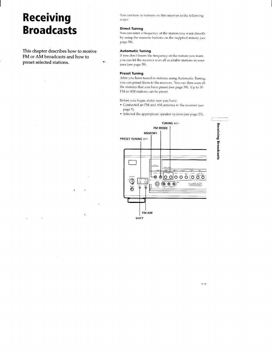 Receiving, Broadcasts, Direct tuning | Automatic tuning, Preset tuning, Receiving broadcasts | Sony STR-DA30ES User Manual | Page 37 / 51