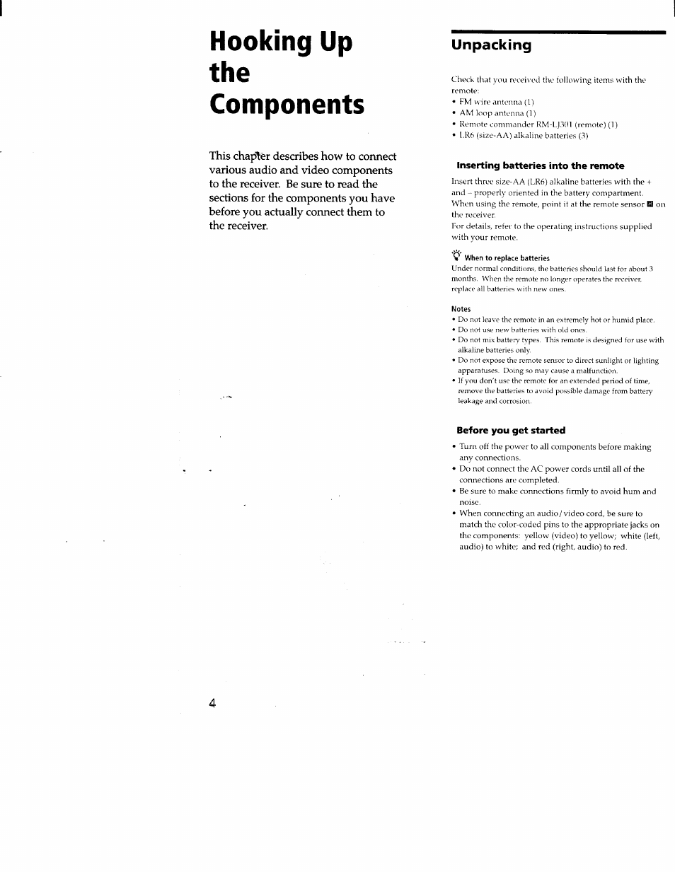 Unpacking, Inserting batteries into the remote, Before you get started | Hooking up the components | Sony STR-DA30ES User Manual | Page 4 / 51