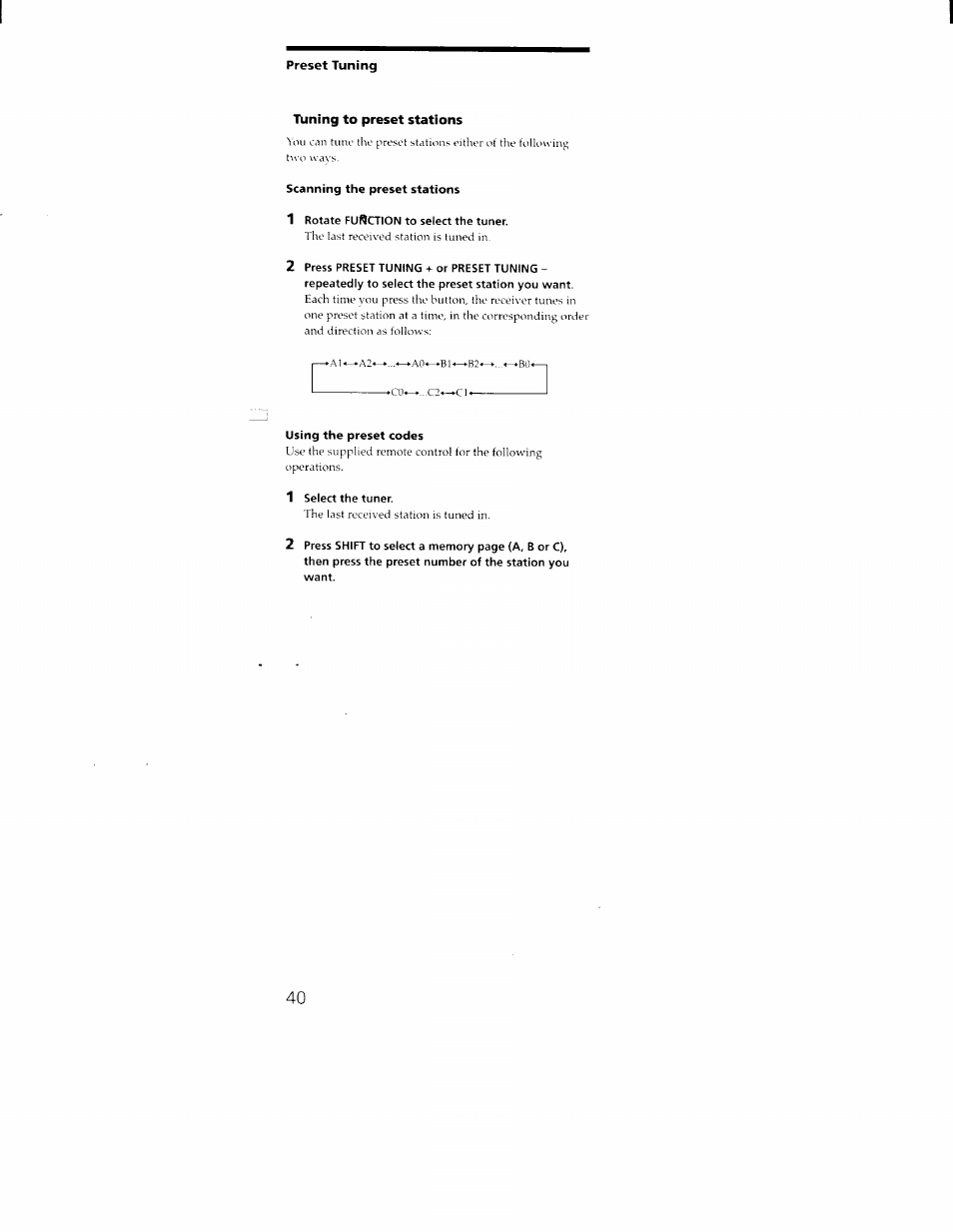 Timing to preset stations, Scanning the preset stations, 1 rotate fuiiction to select the tuner | Using the preset codes, 1 select the tuner | Sony STR-DA30ES User Manual | Page 40 / 51