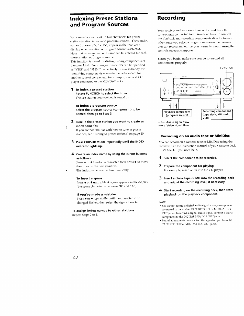 Indexing preset stations and program sources, 1 to index a preset station, To index a program source | To insert a space, If you've made a mistake, To assign index names to other stations, Recording | Sony STR-DA30ES User Manual | Page 42 / 51