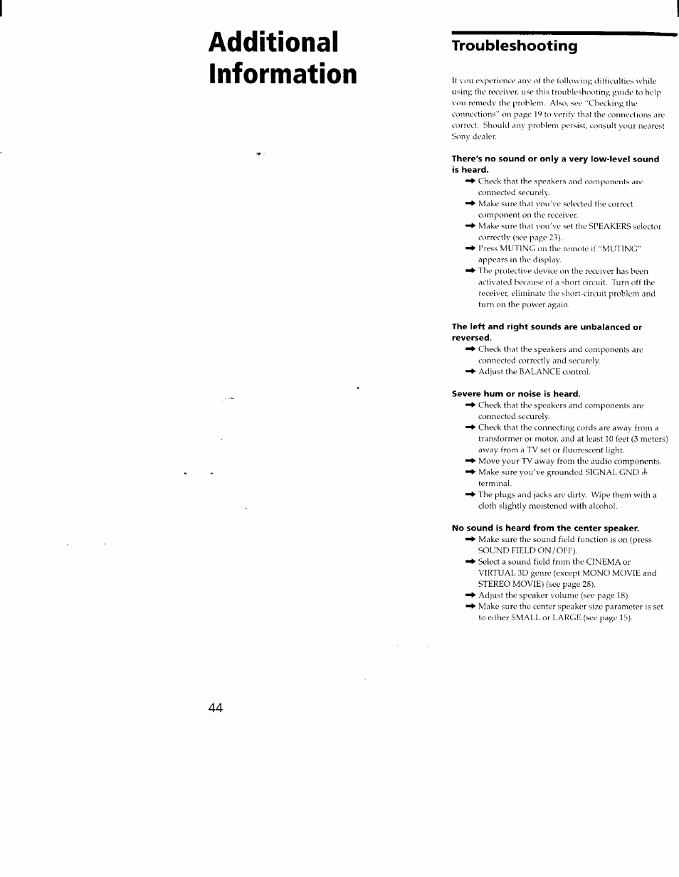 Troubleshooting, Severe hum or noise is heard, No sound is heard from the center speaker | Additional information | Sony STR-DA30ES User Manual | Page 44 / 51