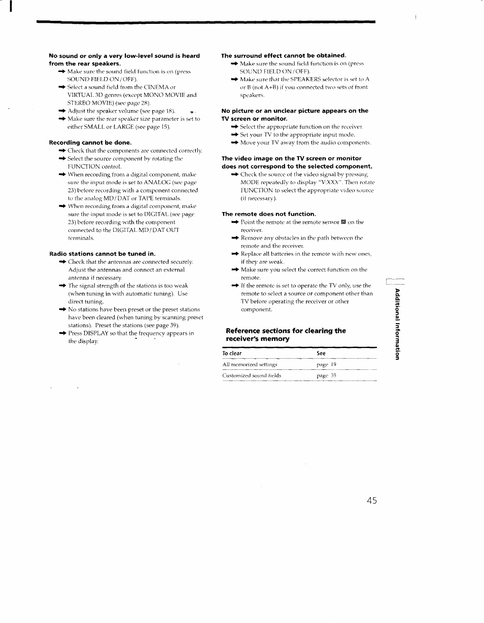 Recording cannot be done, Radio stations cannot be tuned in, The surround effect cannot be obtained | The remote does not function | Sony STR-DA30ES User Manual | Page 45 / 51