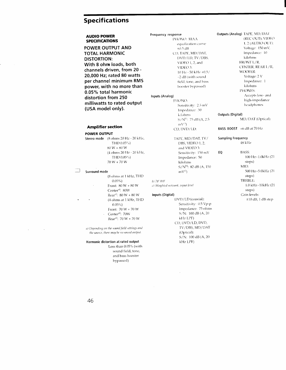 Specifications, Audio power specifications, Amplifier section | Surround mode, Harmonic distortion at rated output, Frequency response, Inputs (analog), Inputs (digital), Outputs (analog) tape, md/d.\i, Outputs (digital) | Sony STR-DA30ES User Manual | Page 46 / 51