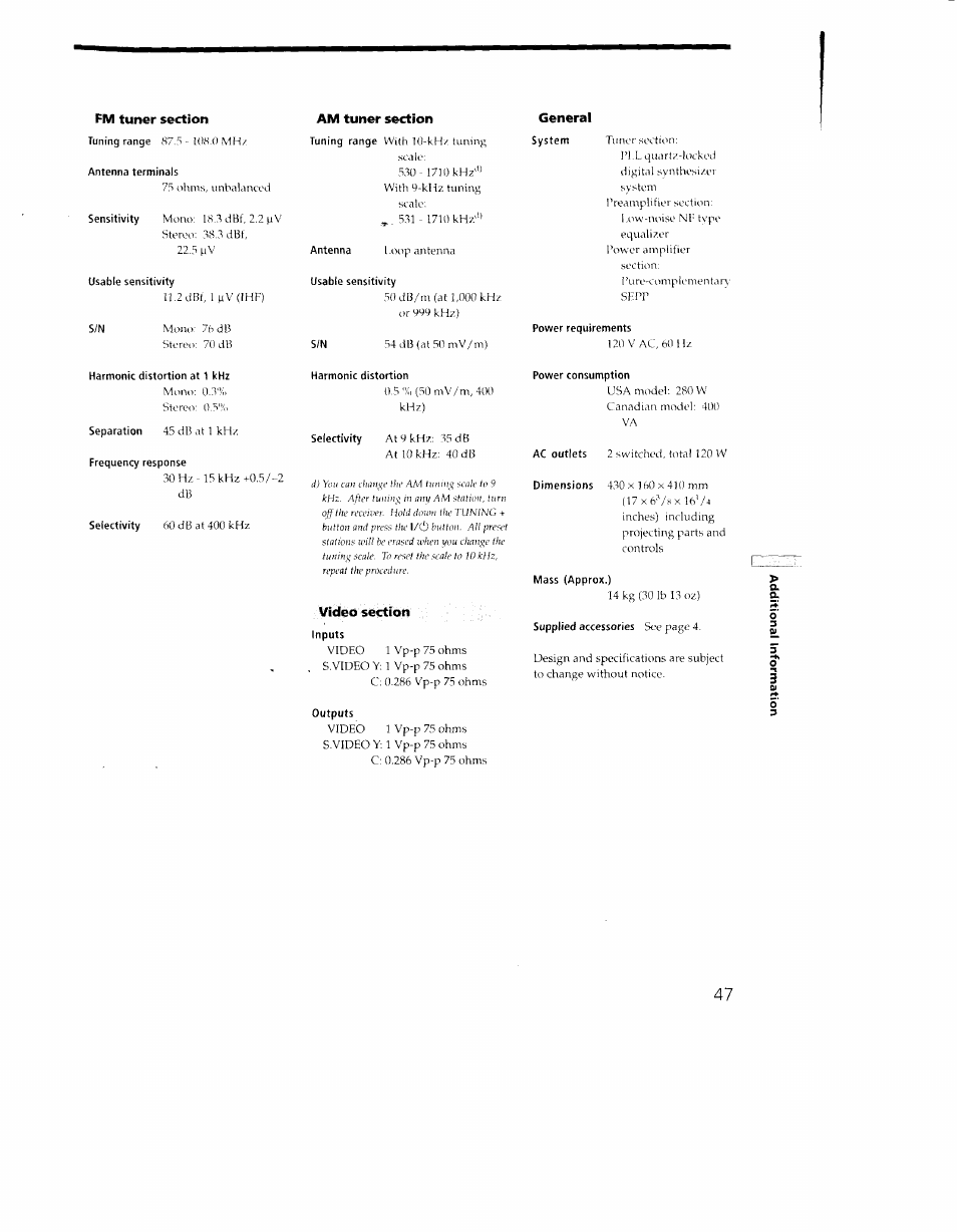 Pm tuner section, Antenna terminals, Usable sensitivity | Am tuner section, General, Power requirements, Harmonic distortion, Video section, Inputs, Outputs | Sony STR-DA30ES User Manual | Page 47 / 51