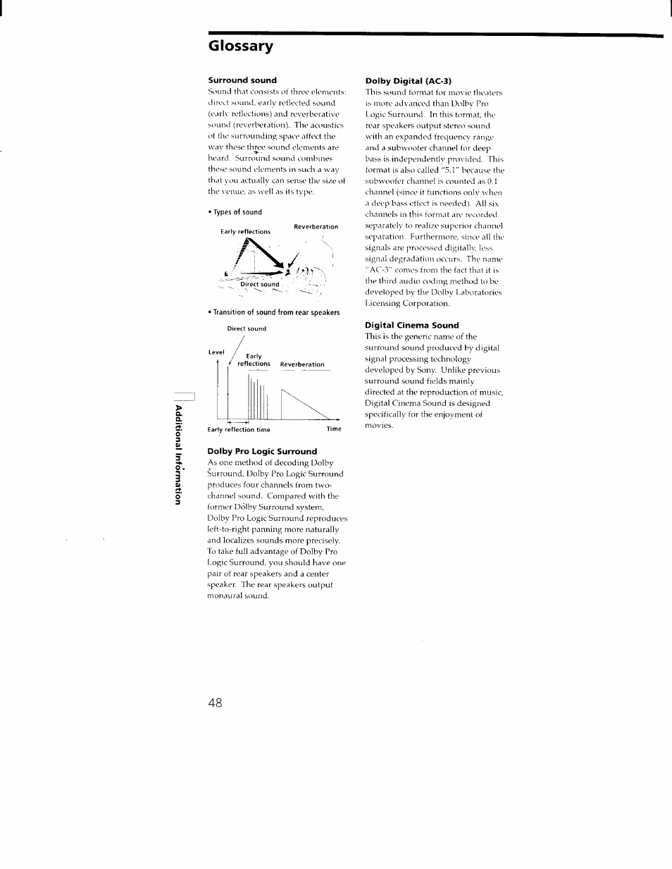 Glossary, Surround sound, Dolby pro logic surround | Dolby digital (a03), Digital cinema sound | Sony STR-DA30ES User Manual | Page 48 / 51