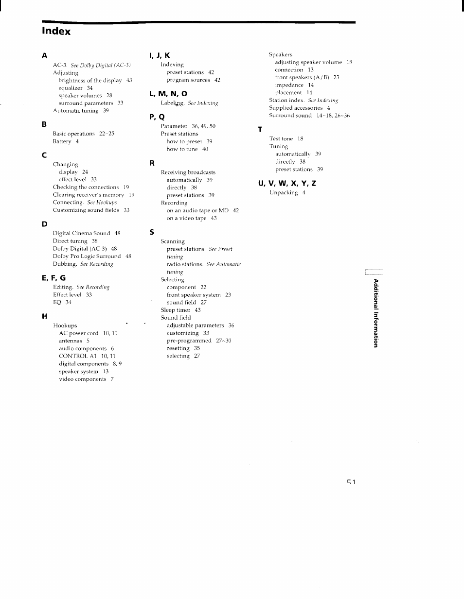 Index, I, j. k, L, m, n, o | E. f, g, P. q | Sony STR-DA30ES User Manual | Page 51 / 51