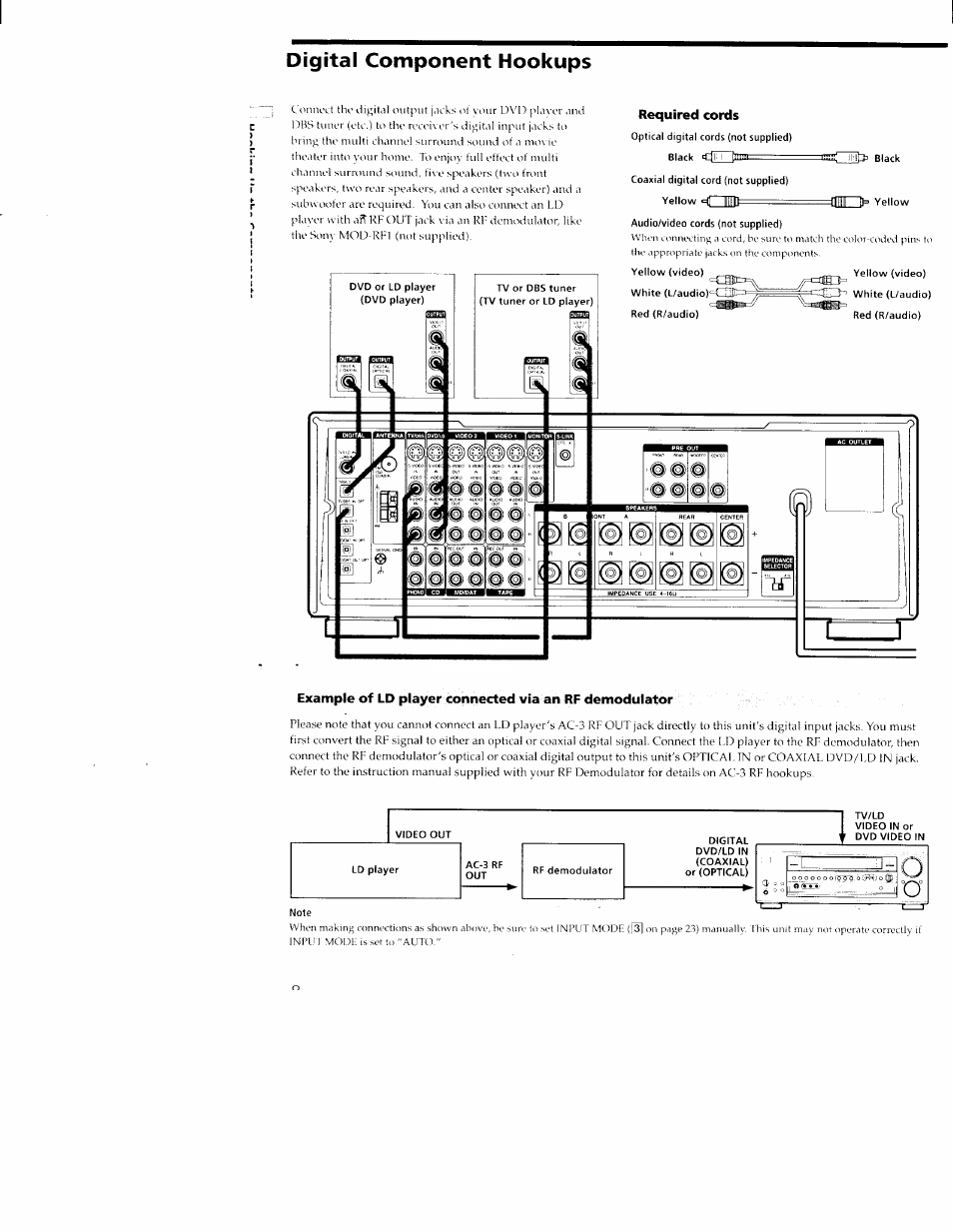 Required cords, Digital component hookups | Sony STR-DA30ES User Manual | Page 8 / 51