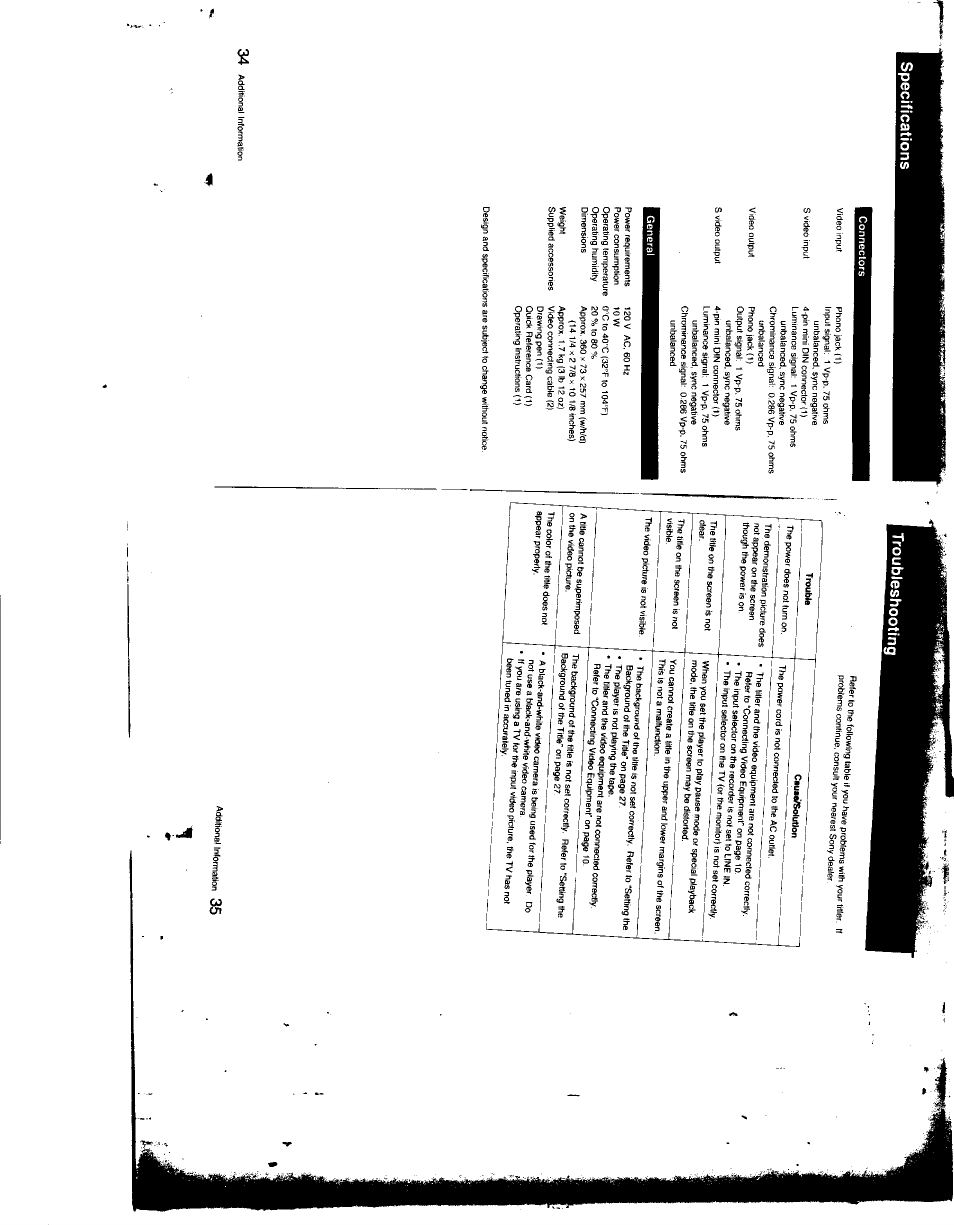 Troubleshooting, Specifications | Sony XV-T33 User Manual | Page 18 / 20