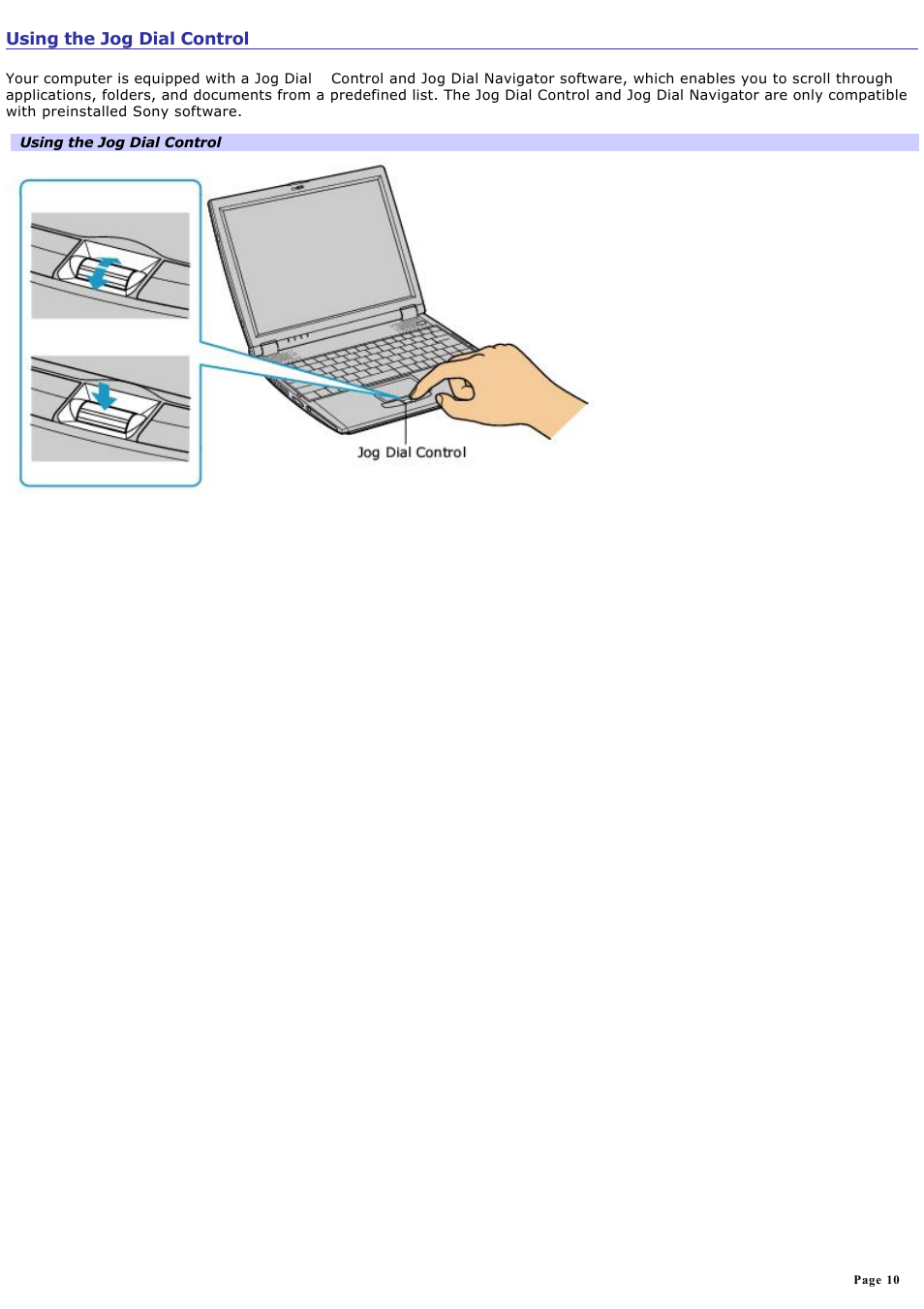 Using the jog dial control | Sony PCG-R505ECP User Manual | Page 10 / 156