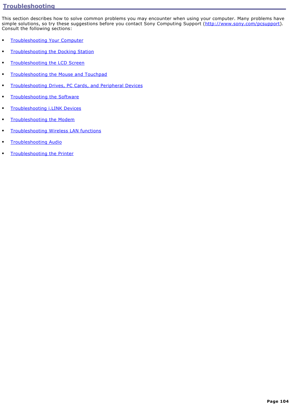 Troubleshooting | Sony PCG-R505ECP User Manual | Page 104 / 156