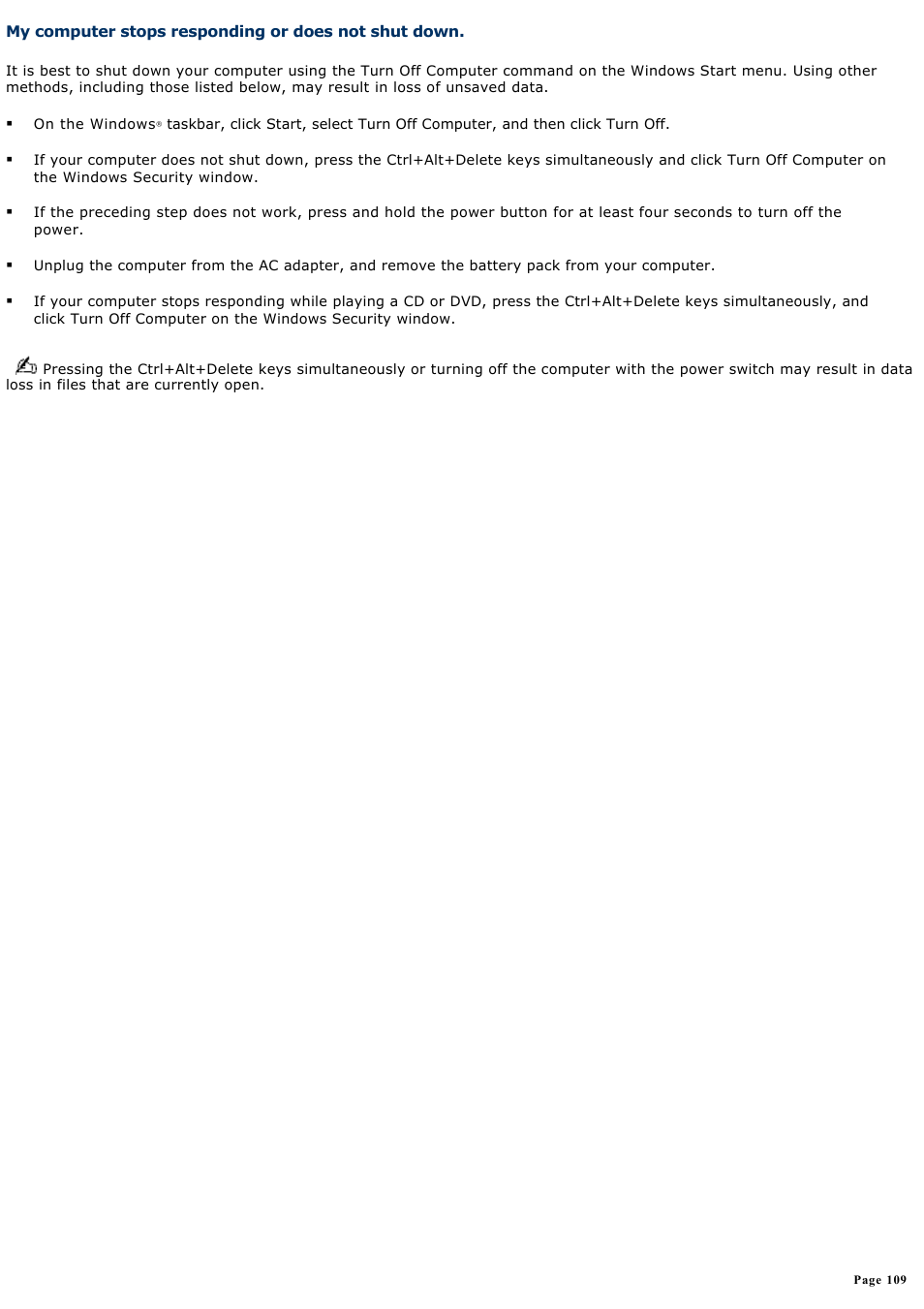 My computer stops responding or does not shut down | Sony PCG-R505ECP User Manual | Page 109 / 156