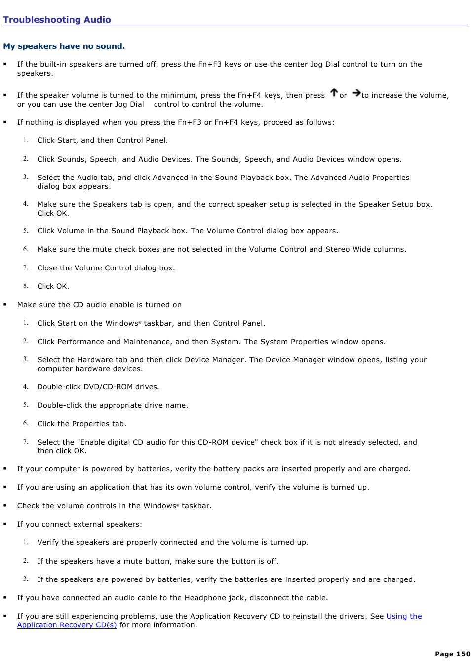 Troubleshooting audio | Sony PCG-R505ECP User Manual | Page 150 / 156