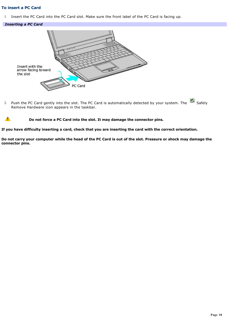 To insert a pc card | Sony PCG-R505ECP User Manual | Page 18 / 156