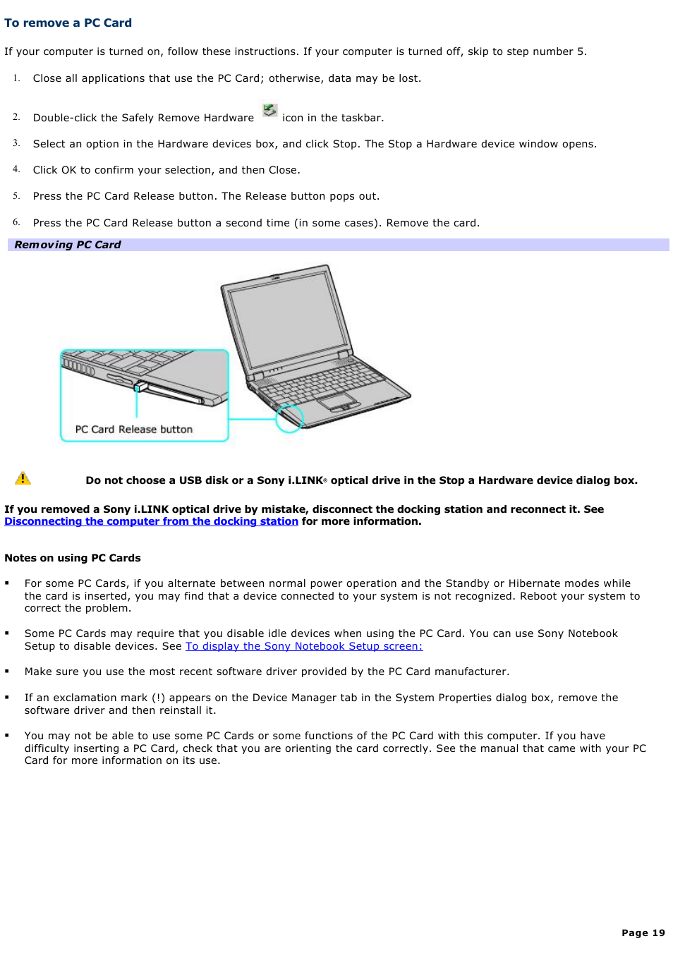 To remove a pc card | Sony PCG-R505ECP User Manual | Page 19 / 156