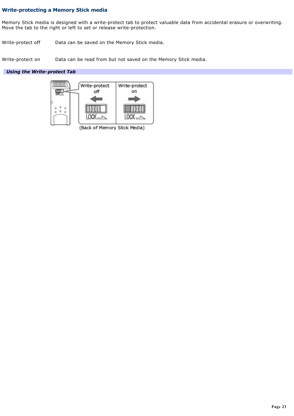 Write-protecting a memory stick media | Sony PCG-R505ECP User Manual | Page 23 / 156