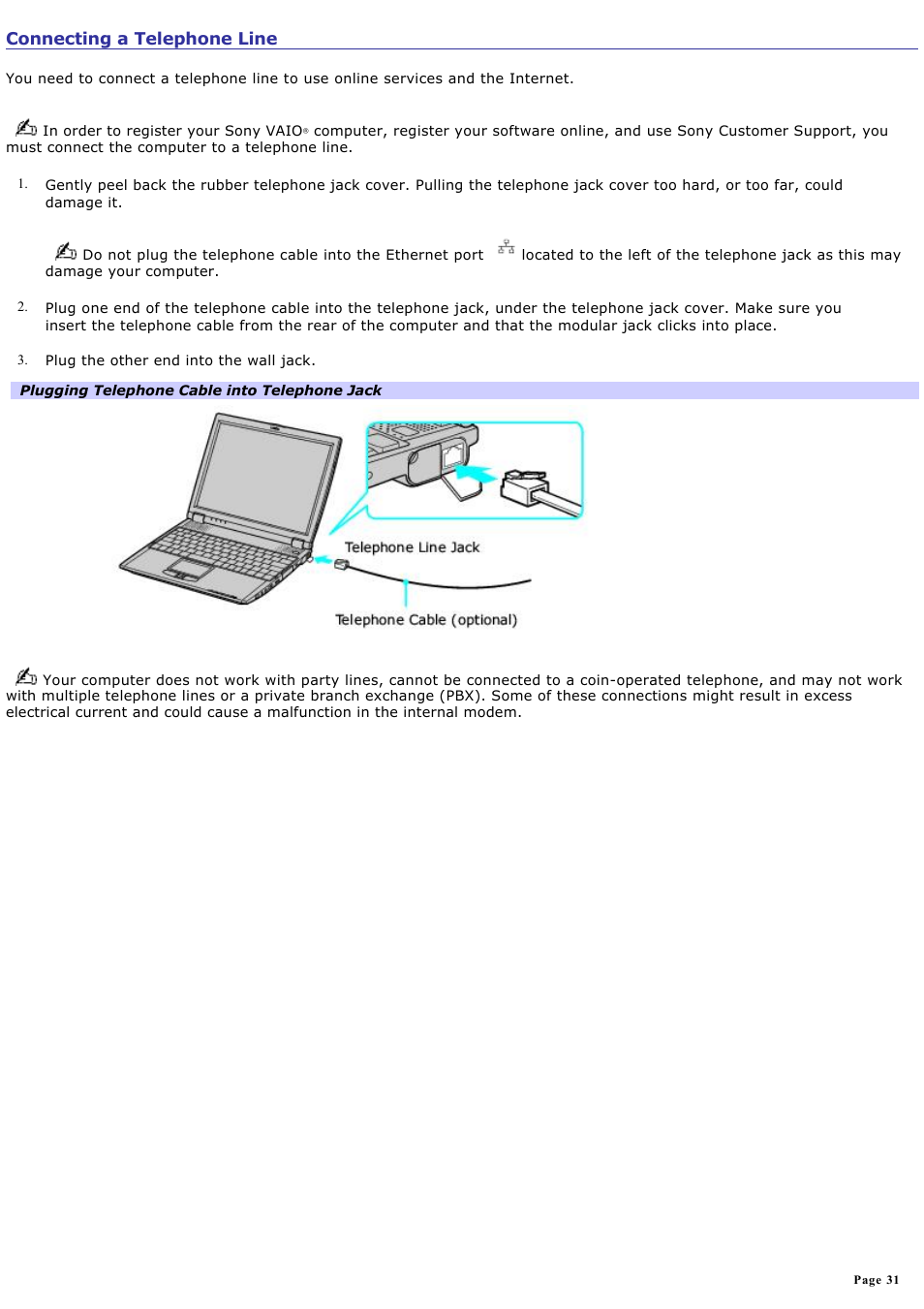 Connecting a telephone line | Sony PCG-R505ECP User Manual | Page 31 / 156