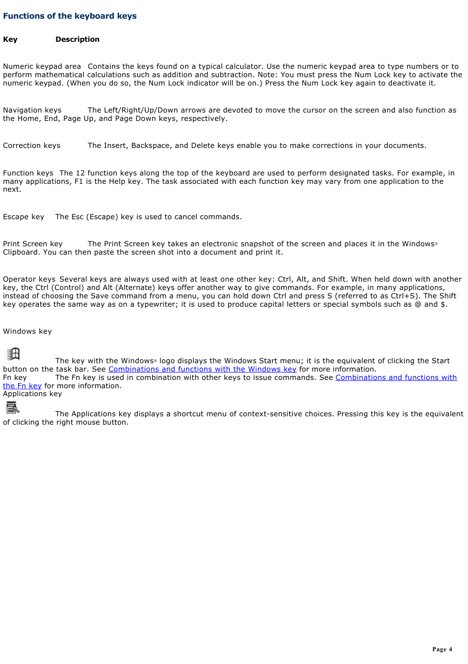 Functions of the keyboard keys | Sony PCG-R505ECP User Manual | Page 4 / 156