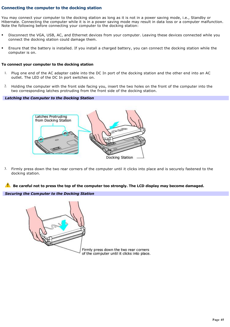 Connecting the computer to the docking station | Sony PCG-R505ECP User Manual | Page 45 / 156