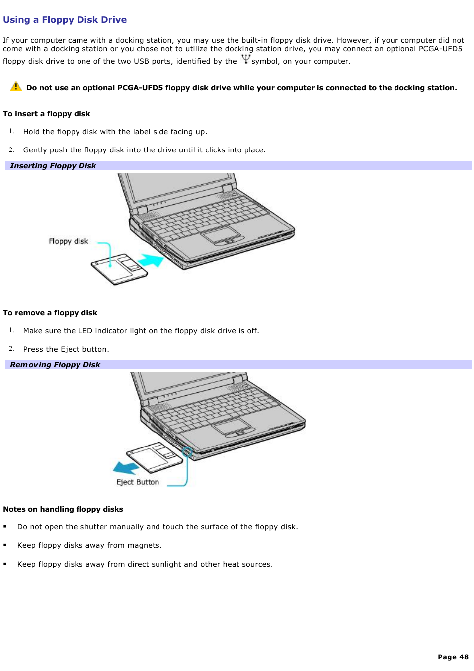 Using a floppy disk drive | Sony PCG-R505ECP User Manual | Page 48 / 156