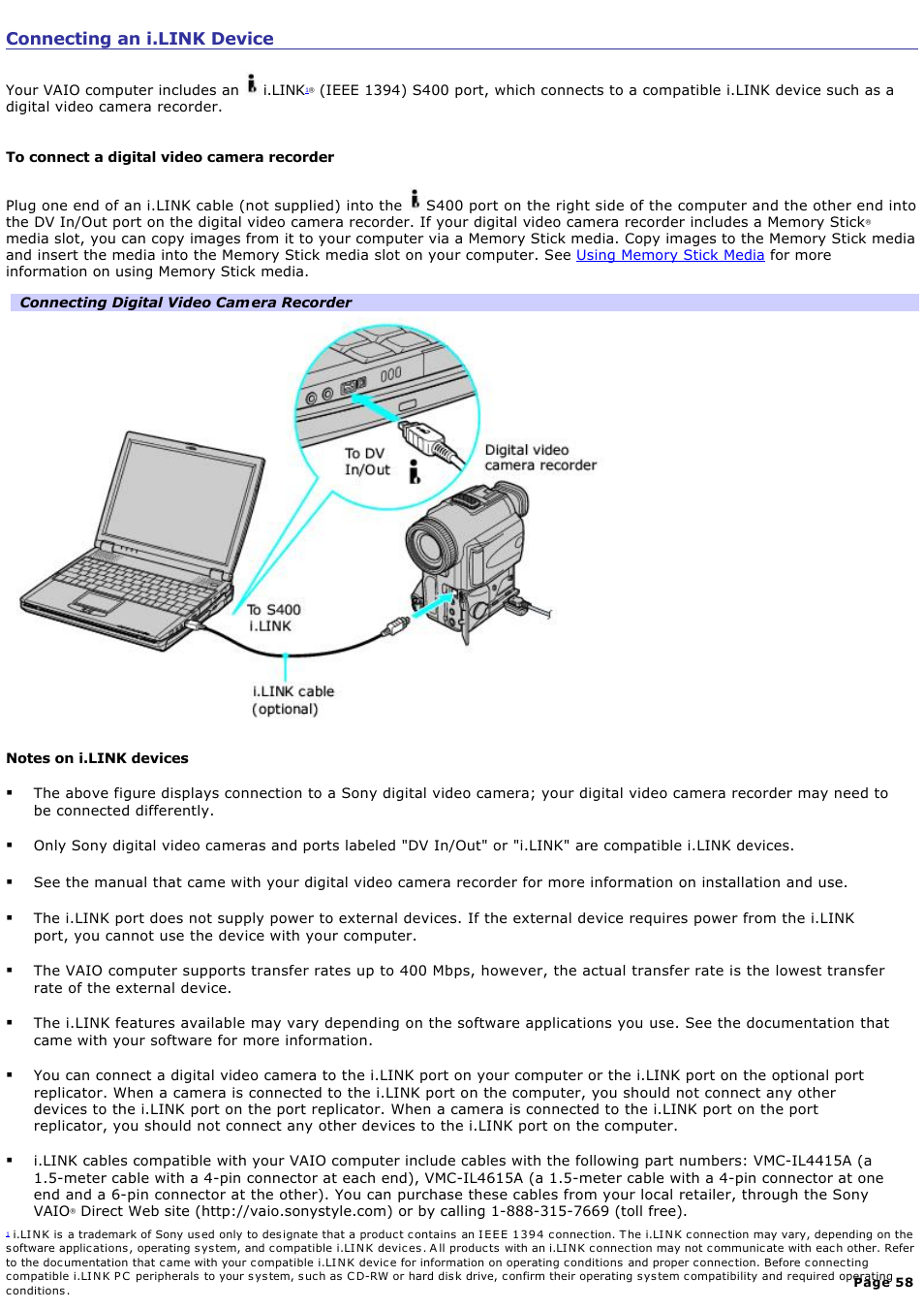 Connecting an i.link device | Sony PCG-R505ECP User Manual | Page 58 / 156