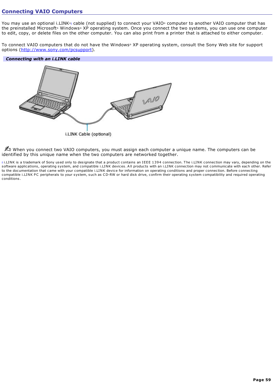 Connecting vaio computers | Sony PCG-R505ECP User Manual | Page 59 / 156