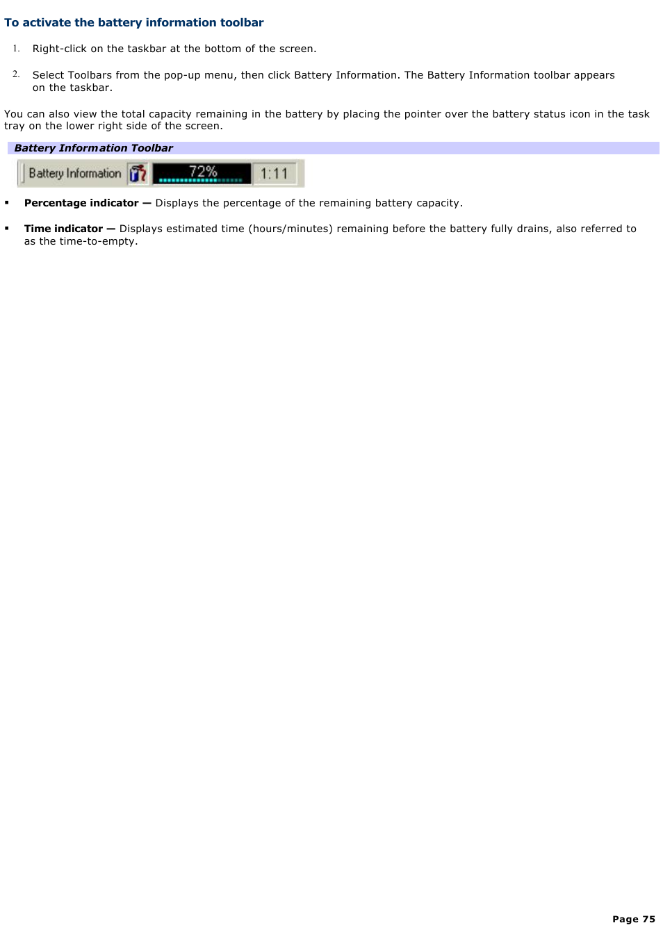 To activate the battery information toolbar | Sony PCG-R505ECP User Manual | Page 75 / 156