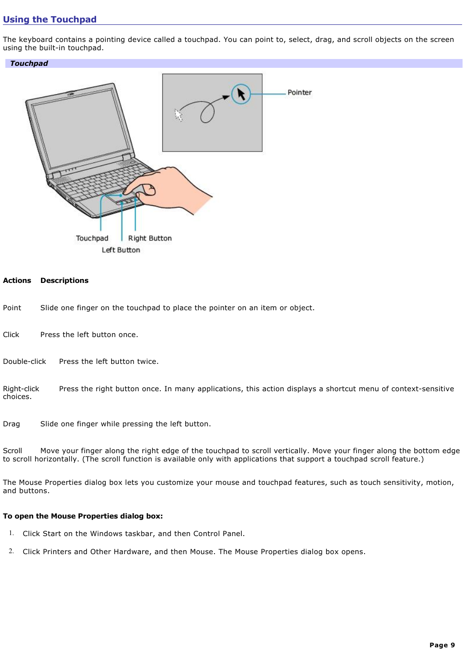 Using the touchpad | Sony PCG-R505ECP User Manual | Page 9 / 156