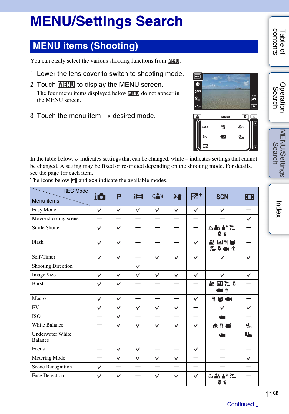 Menu/settings search, Se ar, Ttin | Menu items (shooting), 3 touch the menu item t desired mode | Sony DSC-TX5 User Manual | Page 11 / 150