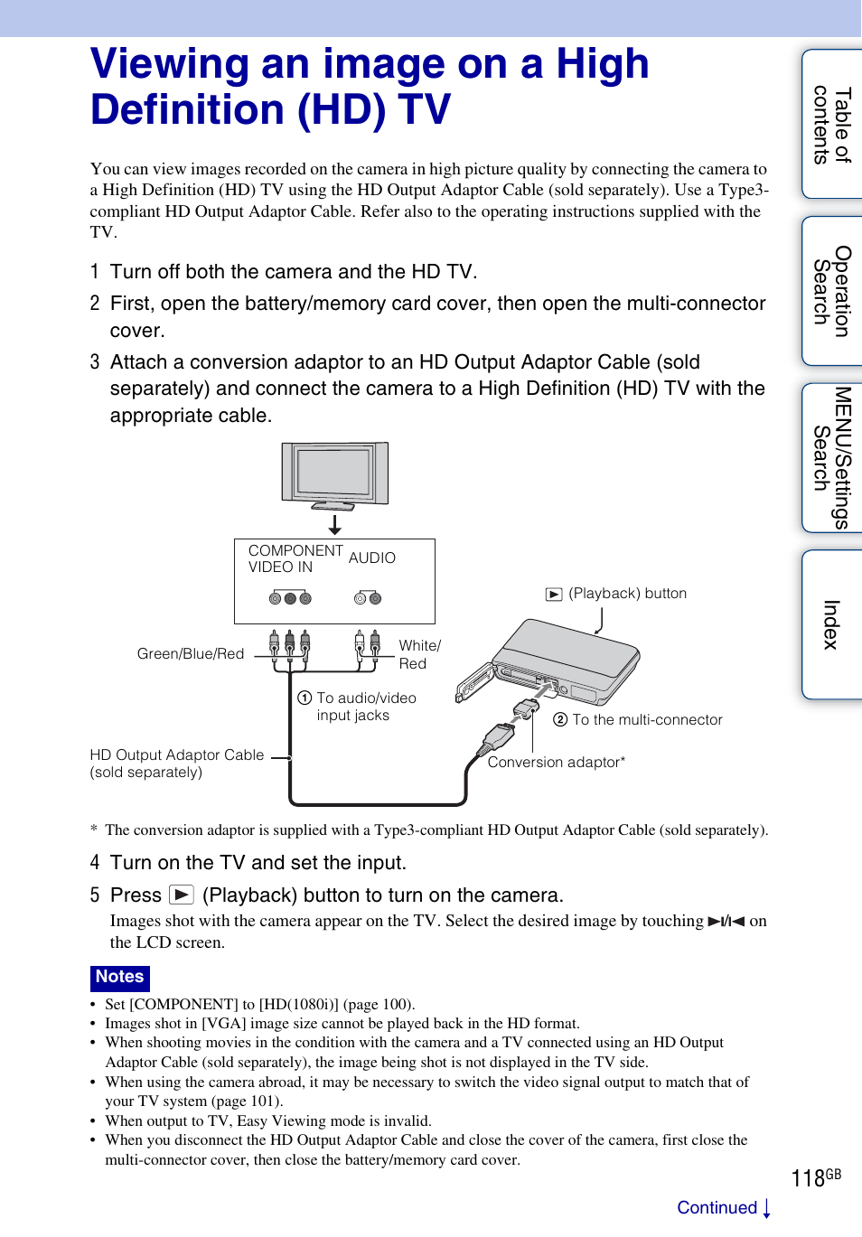 Viewing an image on a high definition (hd) tv | Sony DSC-TX5 User Manual | Page 118 / 150