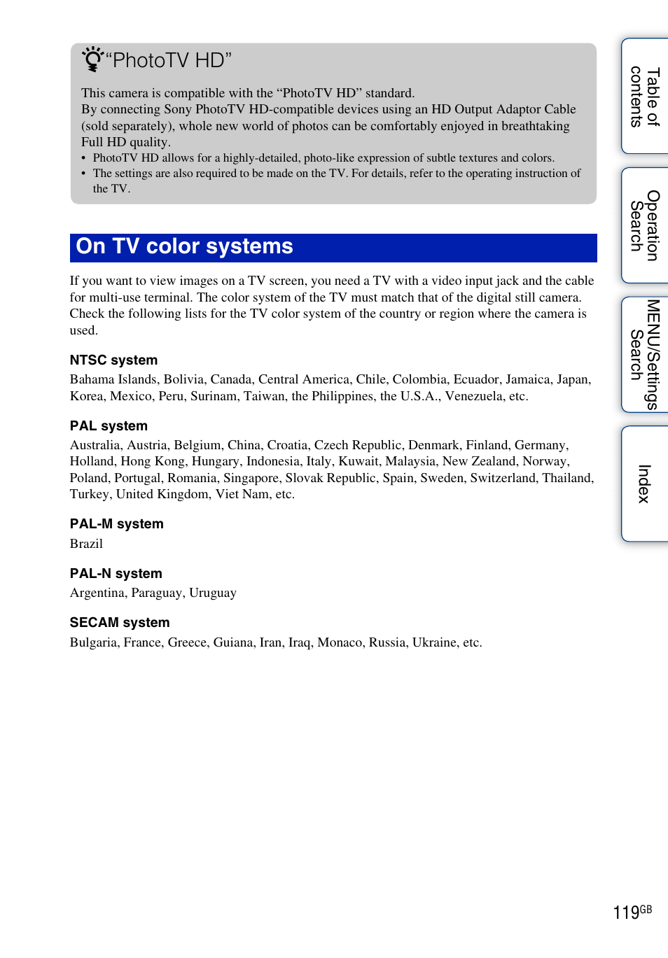 On tv color systems z, Phototv hd | Sony DSC-TX5 User Manual | Page 119 / 150