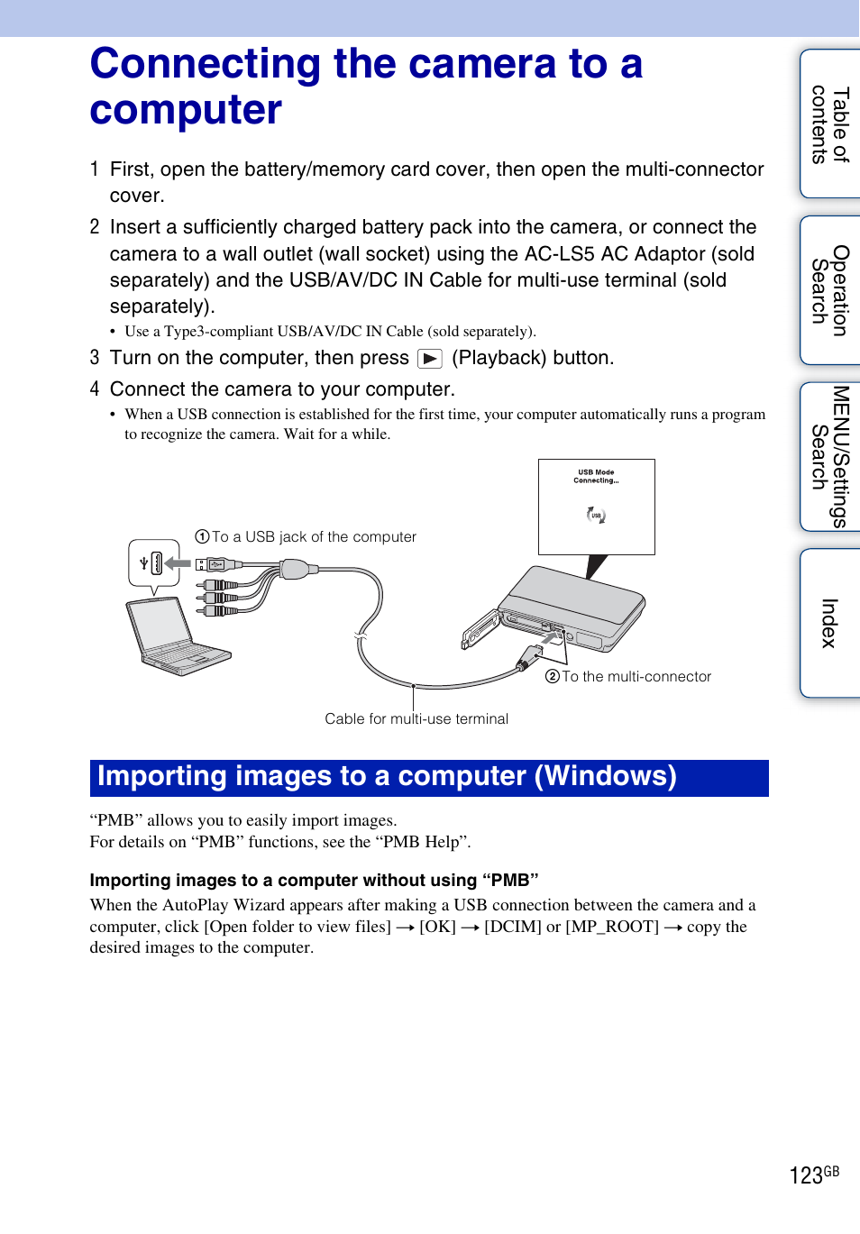 Connecting the camera to a computer, 123 wit, Importing images to a computer (windows) | Sony DSC-TX5 User Manual | Page 123 / 150